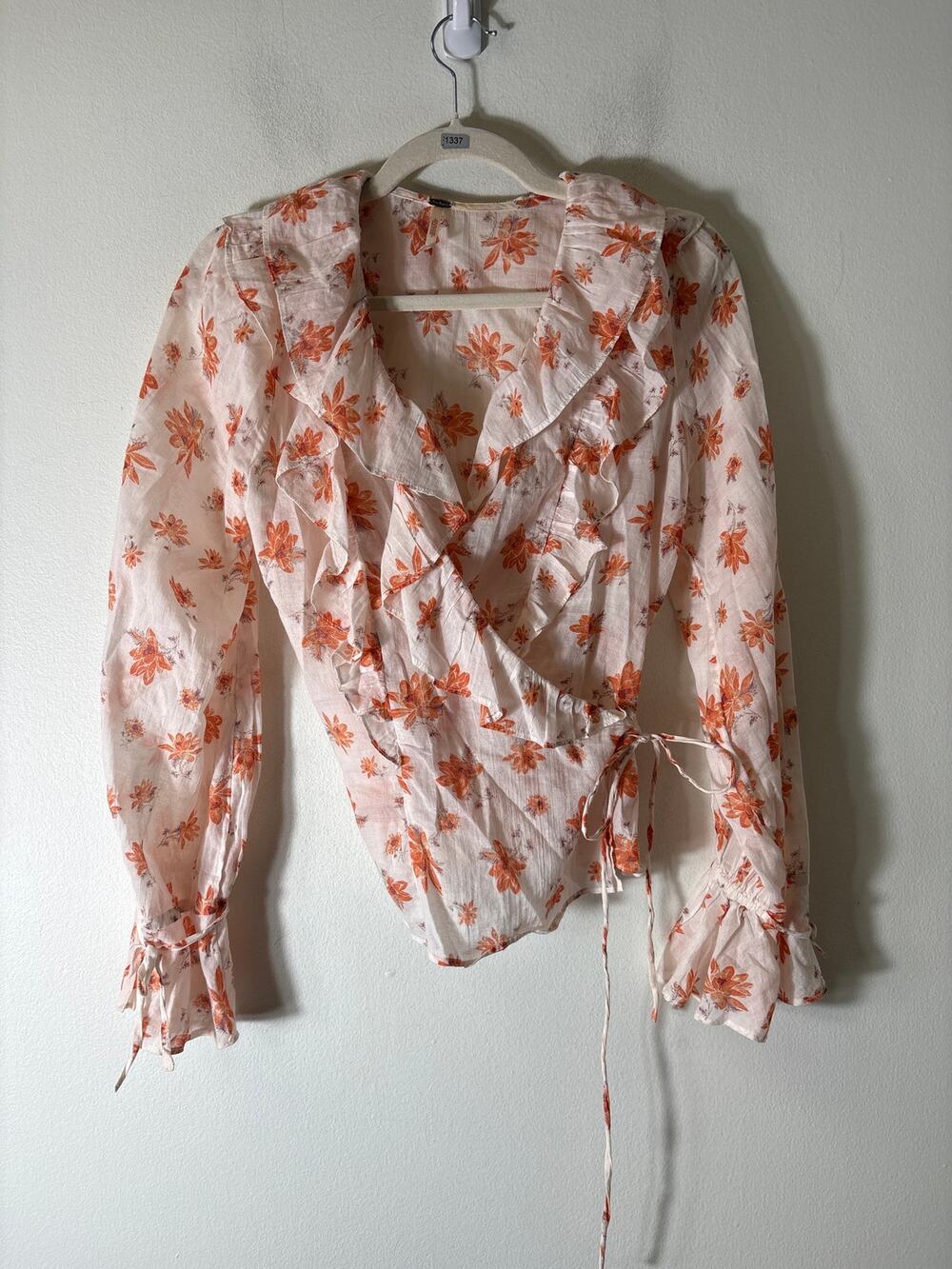 Free People Orange Floral Ruffle Wrap Top Sz S